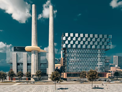 Modern Office Building with Geometric Facade Glass Curtain Wall Tall Chimneys and Plaza Trees 3d model