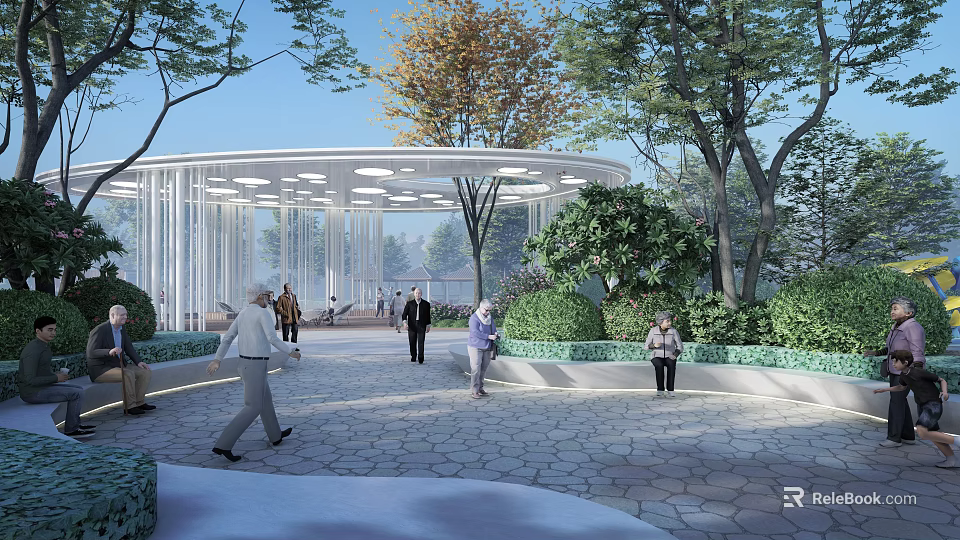 Modern Outdoor Pergola Structure With Trees And People Walking In Leisure Area 3d model 