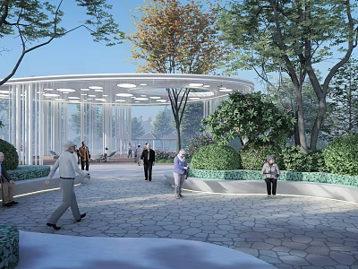 Modern Outdoor Pergola Structure With Trees And People Walking In Leisure Area 3d model