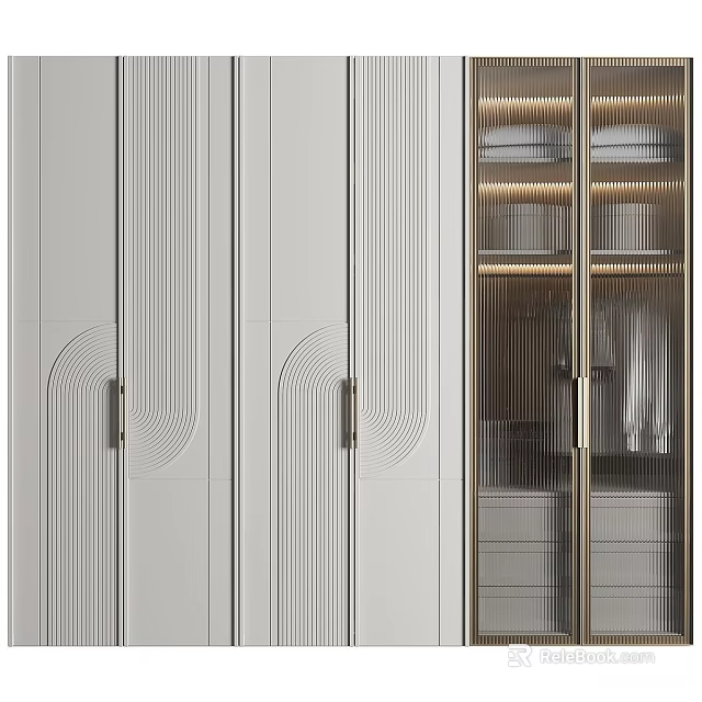 Modern White Wardrobe with Vertical Stripes Curved Handles Glass Doors Metal Frame and Layered Shelves 3d model 