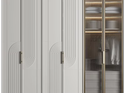Modern White Wardrobe with Vertical Stripes Curved Handles Glass Doors Metal Frame and Layered Shelves 3d model
