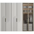 Modern White Wardrobe with Vertical Stripes Curved Handles Glass Doors Metal Frame and Layered Shelves