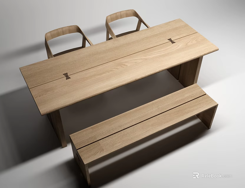 Simple Wooden Dining Table Set With Plank Top Two Chairs And Bench 3d model 