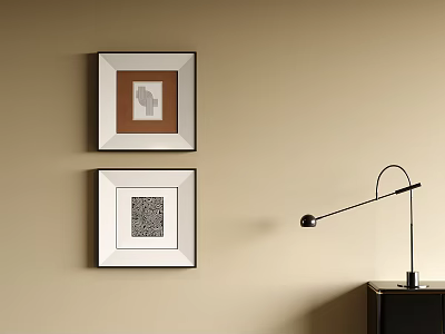 Two Framed Abstract Paintings as Wall Art with Modern Floor Lamp and Side Cabinet 3d model