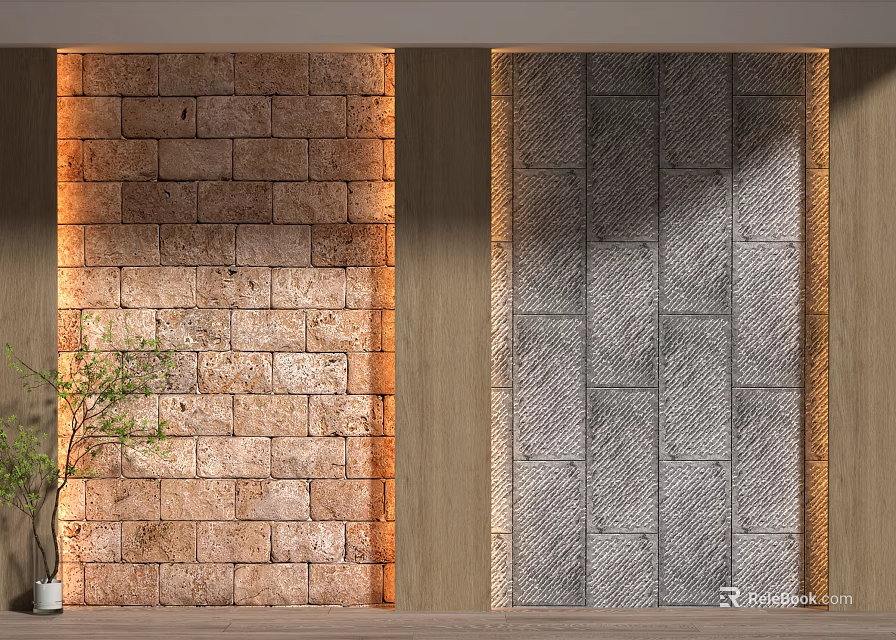 Brown Brick And Gray Stone Background Wall With Wooden Frame And Green Plant 3d model 
