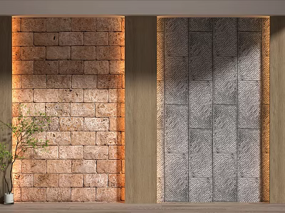Brown Brick And Gray Stone Background Wall With Wooden Frame And Green Plant 3d model
