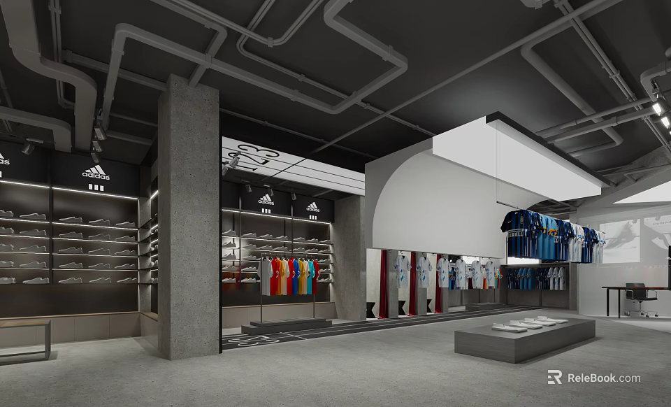 Adidas Clothing Store Industrial Style Gray Ceiling With Colorful Apparel Shoe Racks And Display Tables 3d model 