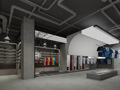 Adidas Clothing Store Industrial Style Gray Ceiling With Colorful Apparel Shoe Racks And Display Tables 3d model