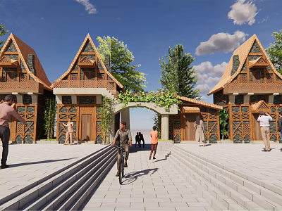 Traditional Wooden Entrance Gate With Arched Design Surrounded by Green Vines and People Walking Cycling 3d model