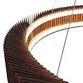 Stylish Modern Circular Chandelier With Wooden Slats And Illuminated Layered Rings