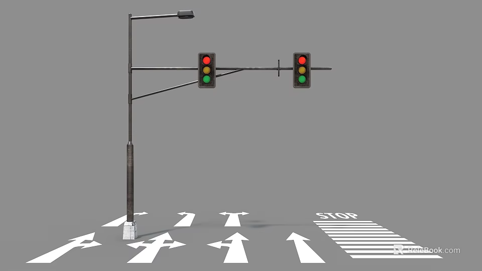 Public Facilities at Intersection with Traffic Lights Street Light Arrows and Stop Line 3d model 