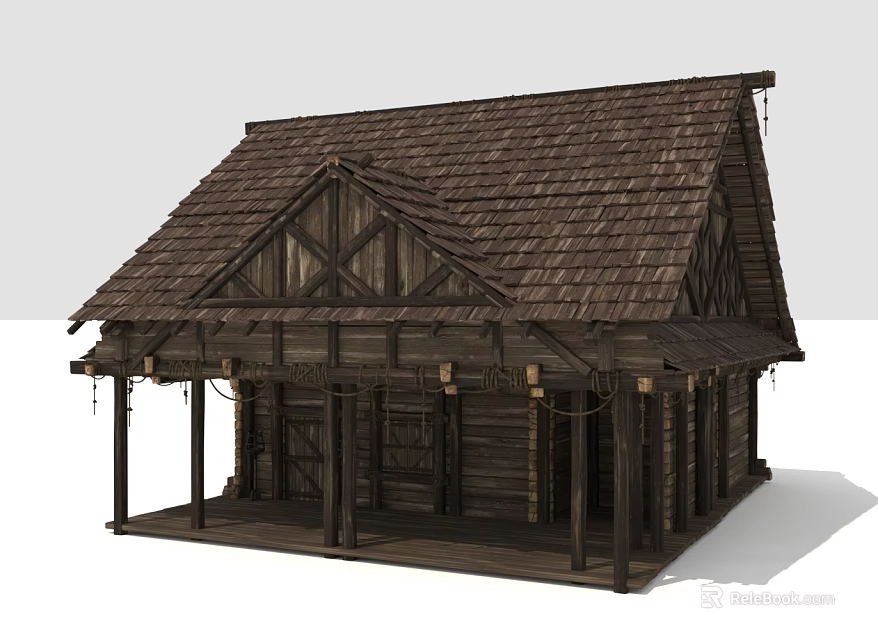 Traditional Rustic Wooden Building With Sloped Roof Porch And Wooden Columns 3d model 