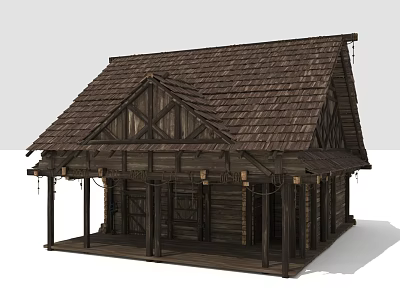 Traditional Rustic Wooden Building With Sloped Roof Porch And Wooden Columns 3d model