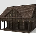 Traditional Rustic Wooden Building With Sloped Roof Porch And Wooden Columns