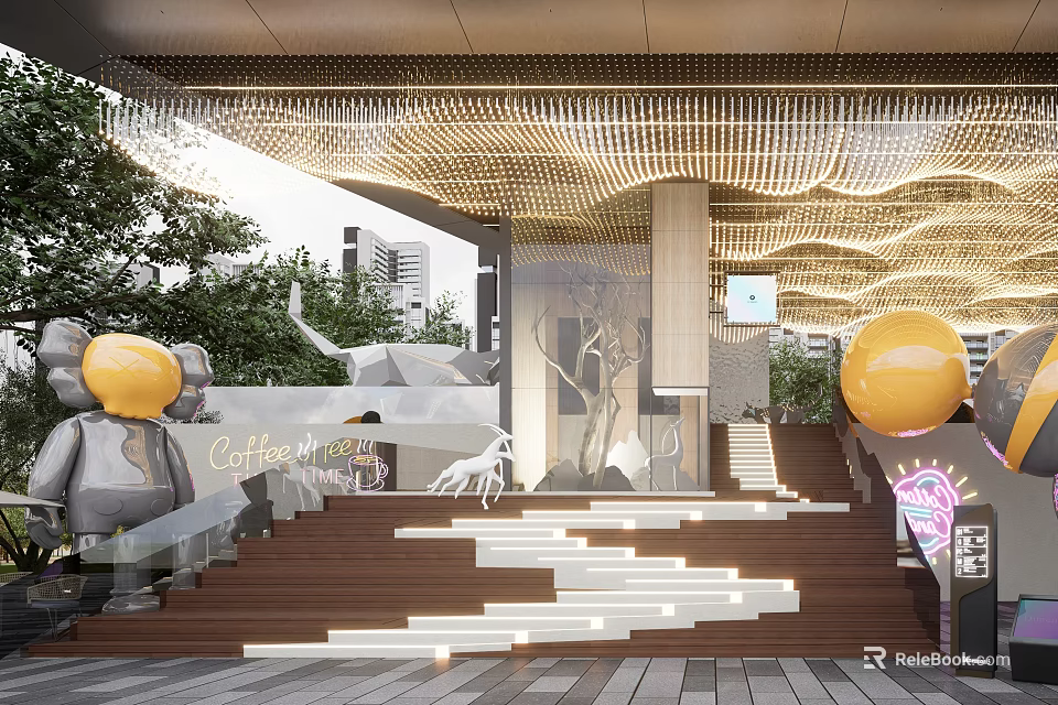 Modern Outdoor Space Stone And Wood Staircase With Illuminated Ceiling And Surrounding Trees 3d model 