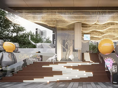Modern Outdoor Space Stone And Wood Staircase With Illuminated Ceiling And Surrounding Trees 3d model