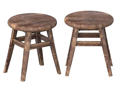 Two Rustic Wooden Stools With Round Seats And Sturdy Legs Design 3d model