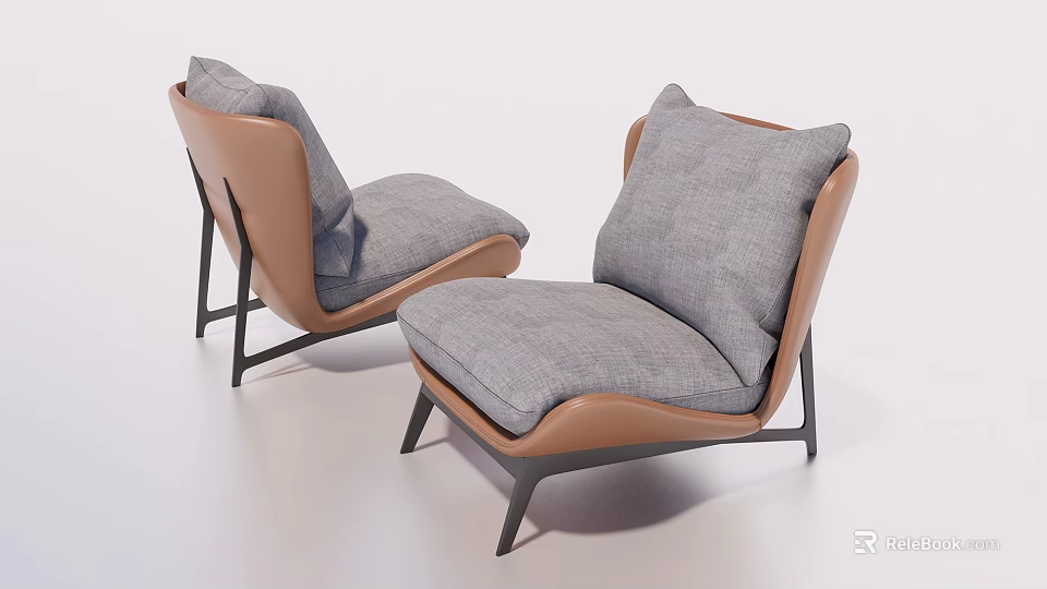 Stylish Single Sofa With Gray Cushions Brown Trim And Black Metal Legs 3d model 