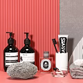 Modern Bathroom Accessories With Soap Bottles Toothbrush Towel And Storage Basket