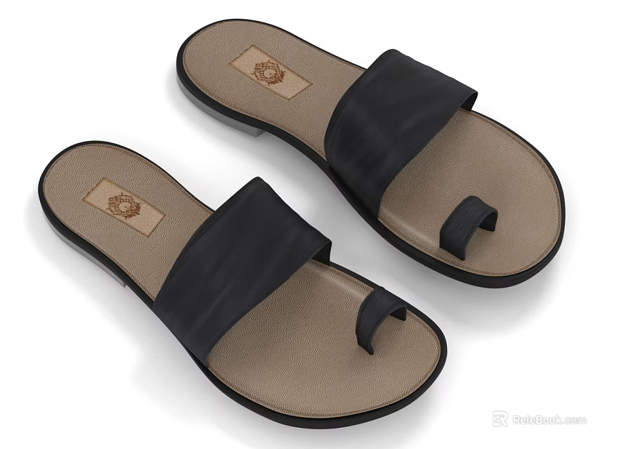Minimalist Toe Thong Sandals With Black Straps Flat Beige Sole And Logo Insole 3d model 
