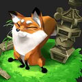 Cute Cartoon Fox Sitting On Green Grass With Stones And Stone Lantern