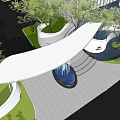 Modern White Building Exterior Wall With Curved Design Green Plants And Night Lighting