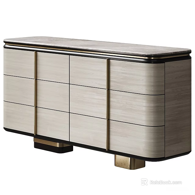 Elegant Luxury Marble Top Entry Side Cabinet With Gold Metal Accents And Ample Storage Drawers 3d model 