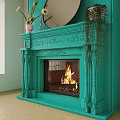 Turquoise Fireplace With Ornate Carvings Burning Flames And Potted Plants Above Mirror