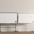 Two Whiteboards With Mobile Stands One Blank And Papers On Wooden Floor And Light Wall