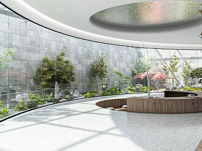 Indoor Garden Decor With Green Plants Stone Ornaments And Wooden Accents In Glass Walled Space 3d model