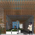 Bamboo Pergola With Grid Structure And Green Plants Outdoor Seating Area