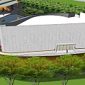 Modern Sales Office Building Exterior Design With Landscaping Water Pond Roadway Cars And Pedestrians