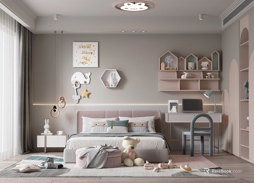 Modern Elegant Kids Bedroom With Pink And Gray Tones House Shaped Bookshelf And Stuffed Toys 3d model 