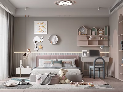 Modern Elegant Kids Bedroom With Pink And Gray Tones House Shaped Bookshelf And Stuffed Toys 3d model
