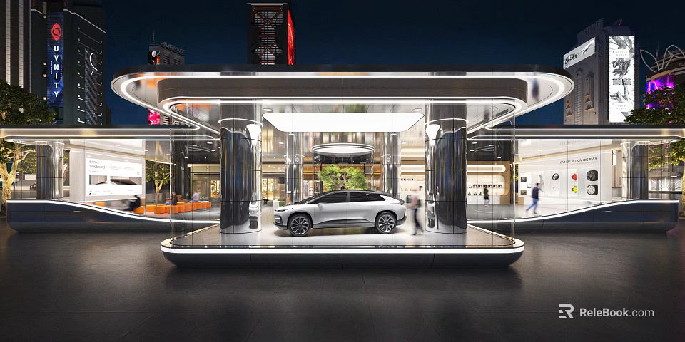Modern 4S Car Dealership Architectural Design Showcasing Vehicle At Night 3d model 