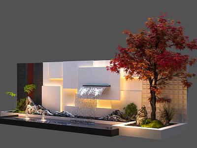 Modern Feature Wall With Waterfall Red Maple Tree Rockery And Illuminated Design 3d model