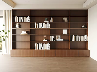 Modern Wooden Bookcase with Multiple Shelves Books and Decorative Items Storage Cabinets in Bright Room 3d model