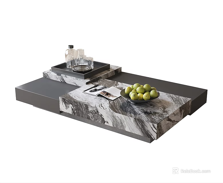 Modern Marble Coffee Table With Layered Design Green Fruits Magazines And Tray 3d model 