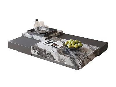 Modern Marble Coffee Table With Layered Design Green Fruits Magazines And Tray 3d model