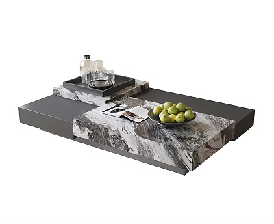 Modern Marble Coffee Table With Layered Design Green Fruits Magazines And Tray 3d model