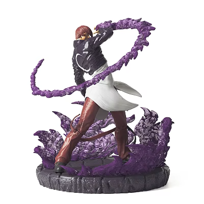 Dynamic Red Haired Character Sculpture with Dark Top White Apron and Purple Flames on Base 3d model