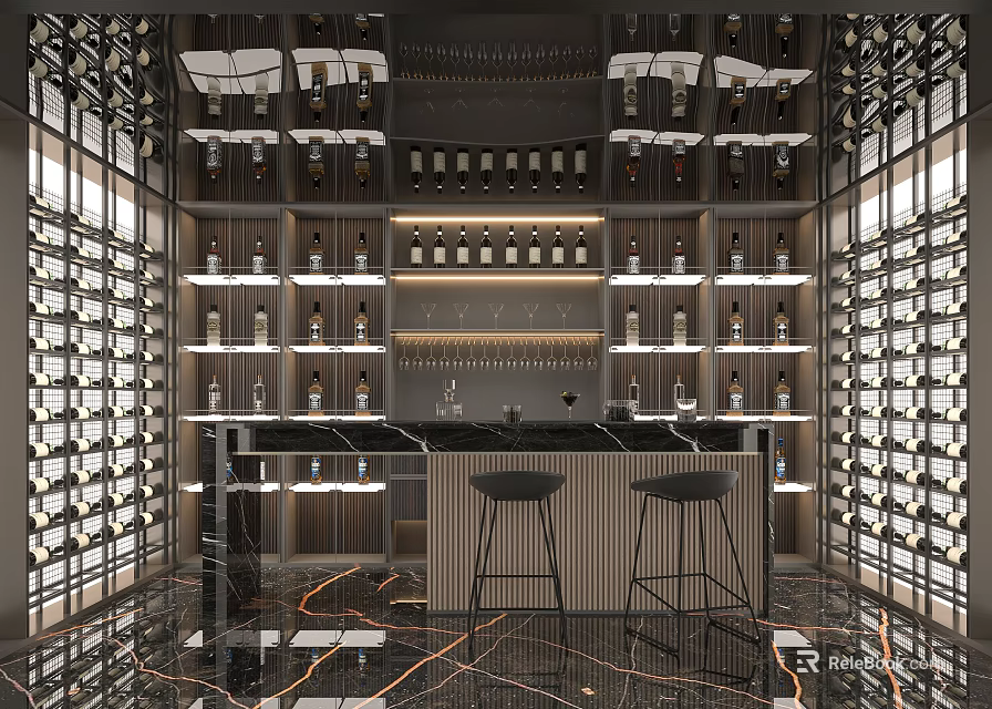 Modern Wine Cellar Interior With Wine Racks Wine Bottles Bar Counter Bar Stools and Lighting 3d model 