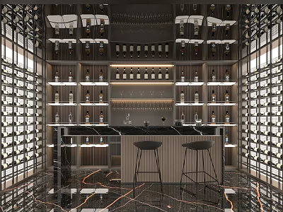 Modern Wine Cellar Interior With Wine Racks Wine Bottles Bar Counter Bar Stools and Lighting 3d model