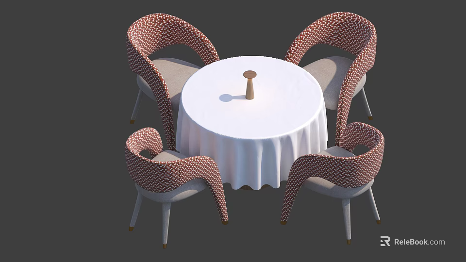 Stylish Dining Table Set With Round White Tablecloth And Four Woven Chairs 3d model
