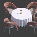 Stylish Dining Table Set With Round White Tablecloth And Four Woven Chairs 3d model