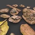 Wood and Stone Natural Materials Featuring Moss Covered Surfaces and Various Shapes