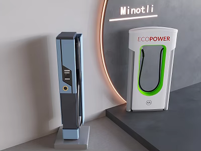 Modern Electric Vehicle Charging Stations ECO POWER And Minotli With Blue White Green Accents 3d model