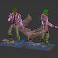 Detailed Game Movie Character Figures With Long Coat Holding Pistol Standing On Stone Grass Base