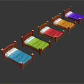 Single Beds With Wooden Headboards And Colorful Bed Sheets In Various Hues Arranged On Dark Background 3d model