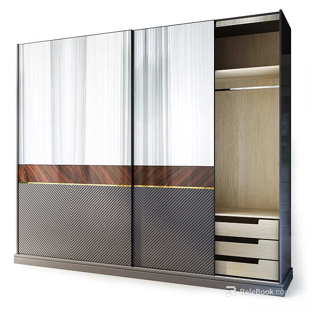 Elegant Modern Chest of Drawers With Double Doors Wood Grain Metal Strips And Open Shelves 3d model 